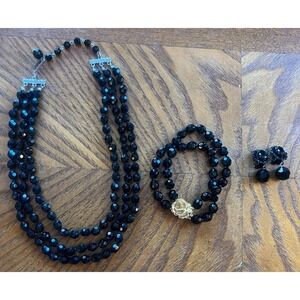 Vintage Western Germany Black Glass Bead Necklace, Bracelet & Clip Earring Set